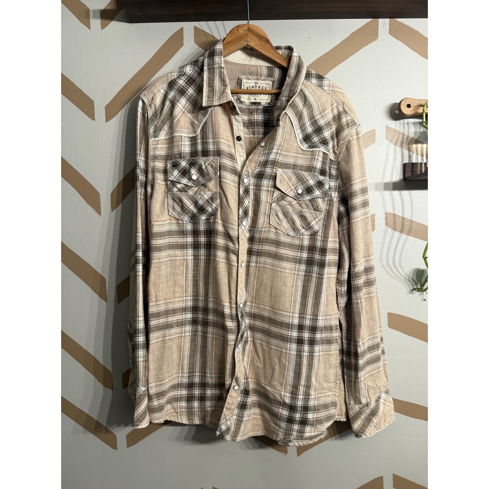 BKE Vintage Western Pearl Snap Shirt Mens XL Tan Plaid Tailored Fit Long Sleeve